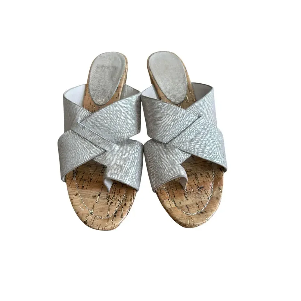 Donald J Pliner Fuji 2 Gold Leather Cork Wedge Toe Ring Sandals Size 9.5
